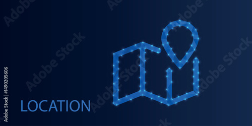 Low poly location icon on dark blue gradient background. Abstract polygonal map pin symbol for navigation, GPS apps, geolocation services, and digital travel platforms.