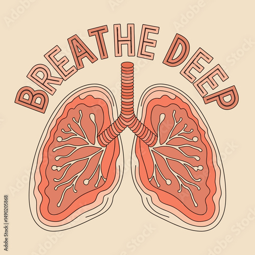 Breathe Deep Lungs Anatomy Illustration Coral Pink Tones Medical Graphic Design Wellness Poster Relaxation Art Mindfulness Image Health Care Breathing Exercise Respiratory System Vintage Style Retro  