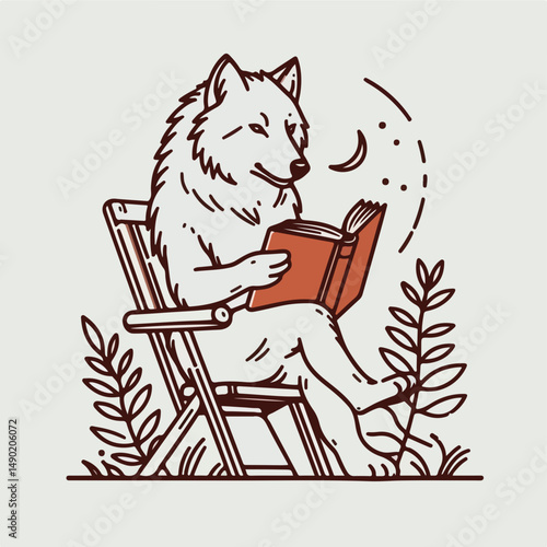 Bookish Wolf Under the Moon: An illustration of a anthropomorphic wolf engrossed in a book. A whimsical and charming scene in a calm setting.