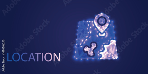 Low poly location icon on dark blue gradient background. Abstract polygonal map pin symbol for navigation, GPS apps, geolocation services, and digital travel platforms.