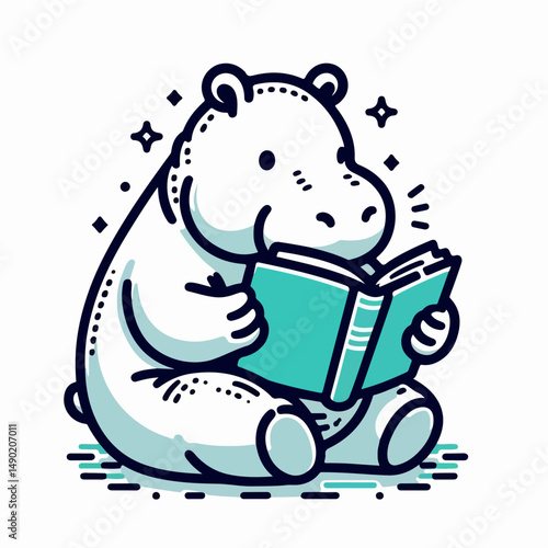 Reading Hippo: A charming cartoon hippo engrossed in a book, its eyes sparkling with wonder and curiosity, a symbol of the joy of learning.