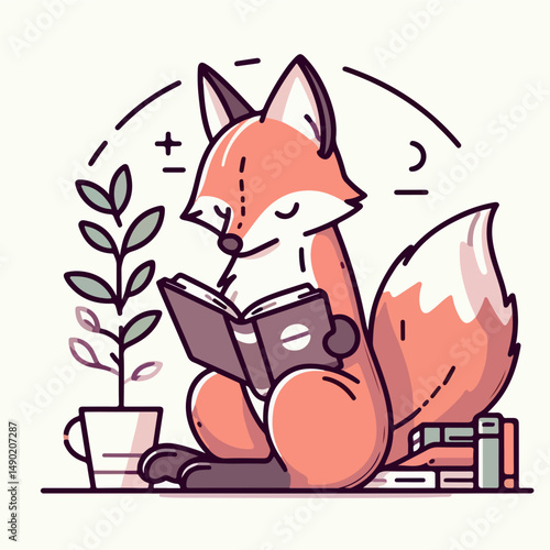 Fox Reading a Book: A cute fox sits peacefully, engrossed in reading a book, next to a potted plant and a stack of books.  The illustration is done in a minimalist, line art style.