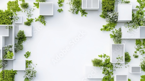 Modern minimalist design with greenery and white boxes in a fresh studio environment