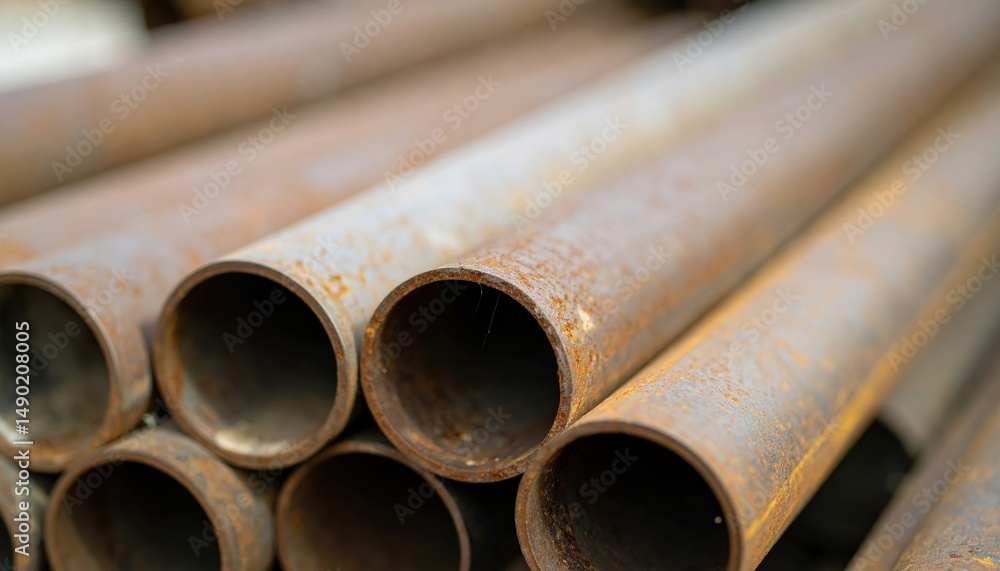 Rusty Metal Pipes Stacked in a Warehouse Setting for Industrial Use Rusty Metal Pipes Stacked in a Warehouse Setting for Industrial Use