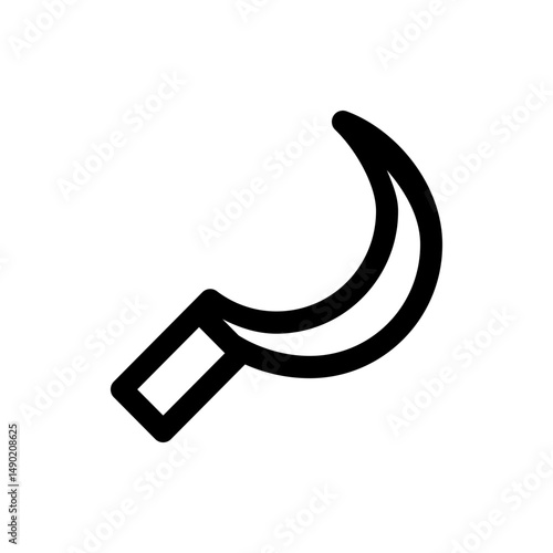 Illustration of a simple black sickle with a curved blade and a rectangular handle on a white background