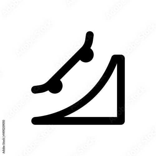 Illustration of a skateboard in mid air above a ramp in a skatepark in black and white simple design
