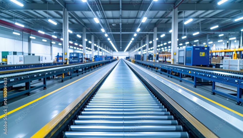 Automated Distribution Center with Conveyor Belts Under Bright Lights Automated Distribution Center with Conveyor Belts Under Bright Lights