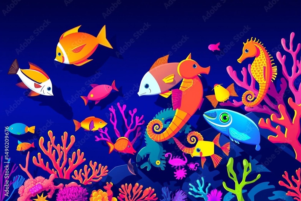 Obraz premium Colorful underwater scene with coral reefs seahorses and various fish swimming