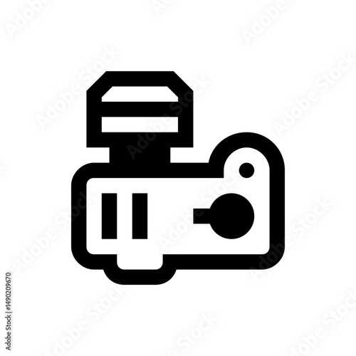 Illustration of a black and white camera with a flash attachment viewed from a top down perspective style