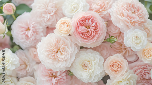 Floral arrangement concept: Pastel roses blossom for a dreamy wedding card