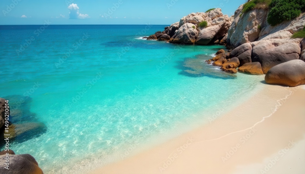 Fototapeta premium Clear turquoise water laps small Vendicari rocky beach , holiday, clearwater