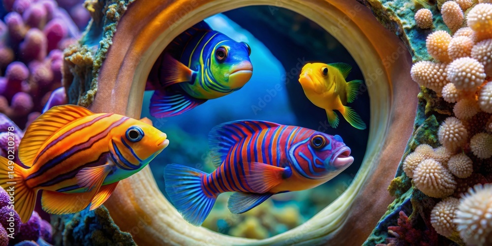 Vibrant Reef Inhabitants Viewed Through a Coral Archway, Displaying the Beauty and Diversity of Underwater Life Vibrant Reef Inhabitants Viewed Through a Coral Archway, Displaying the Beauty and Diversity of Underwater Life