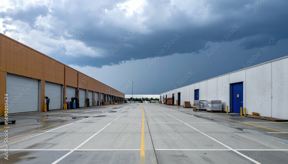 Fototapeta premium Automated Furniture Warehouse with Packing Stations Under Stormy Skies