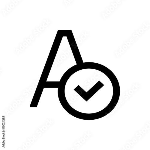 Letter a with a check mark inside of a circle indicating approval or verification in black and white style