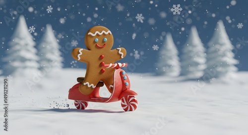 Gingerbread man riding a red scooter through a snowy landscape with pine trees