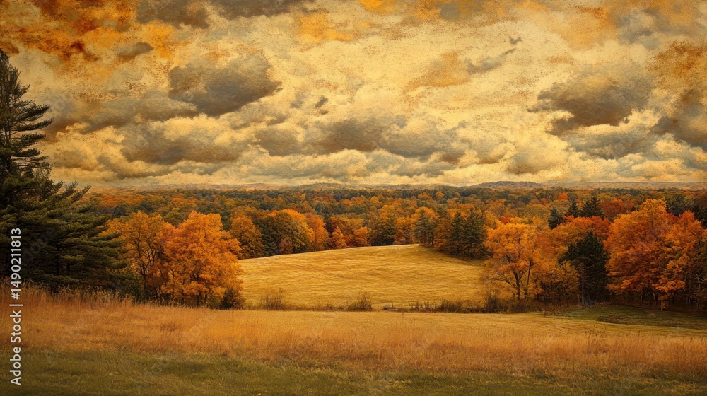 Autumnal field, hilltop view, colorful foliage, cloudy sky, scenic landscape, nature background Autumnal field, hilltop view, colorful foliage, cloudy sky, scenic landscape, nature background