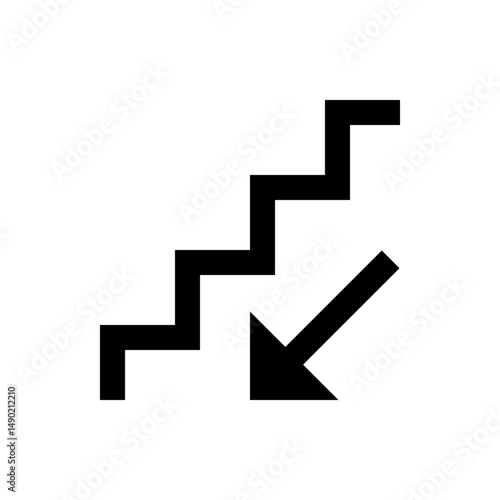 Black steps icon with a downward arrow indicating descending direction on a white isolated background view