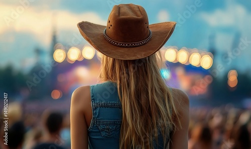 Back view of a young american woman fan of country music attending a country music concert wearing a cowboy hat and copy space