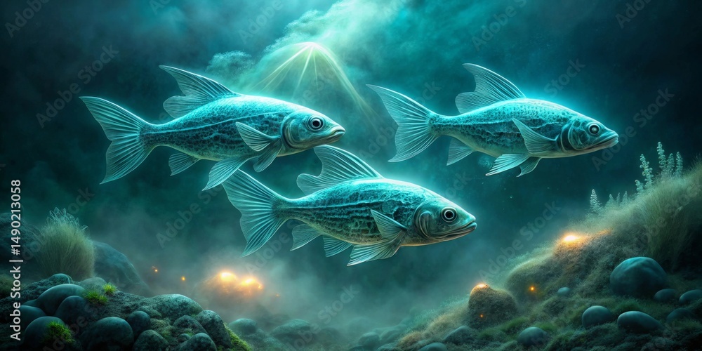 Naklejka premium Mysterious Aquatic Trio Navigating an Enigmatic Underwater Realm with Glowing Submerged Rocks
