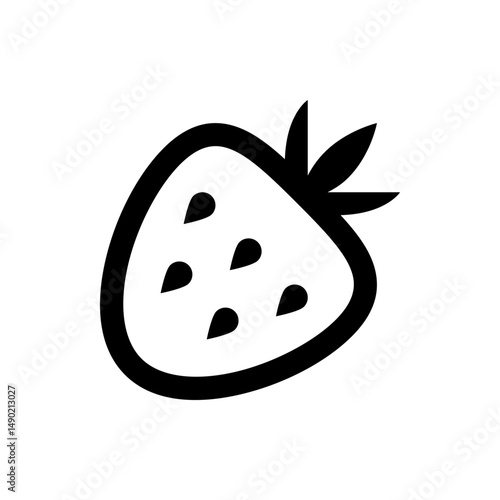 A simple black and white line drawing of a strawberry with seeds and leaves on a white background art