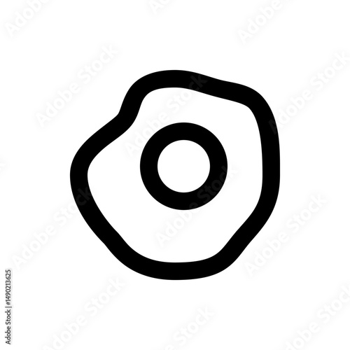 Illustration of a fried egg with a runny yolk and irregular outline in a minimalist black and white style