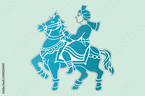 A stylized teal-colored illustration of a horseman on a horse against a light mint green background.