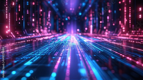 Abstract technology background with glowing lines and bokeh lights in blue and pink colors