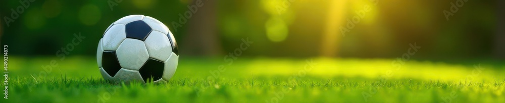 Obraz premium Soccer ball rests on lush grass, illuminated by bokeh , field, texture