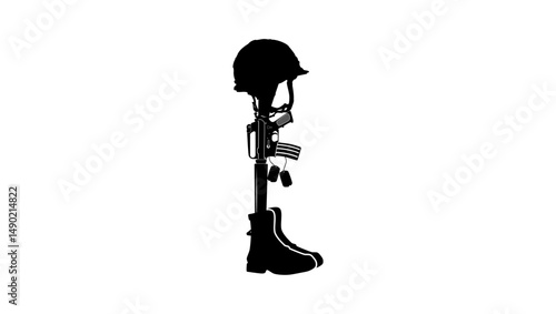 Fallen Soldier Battle Cross Cremation Memorial, black  isolated silhouette