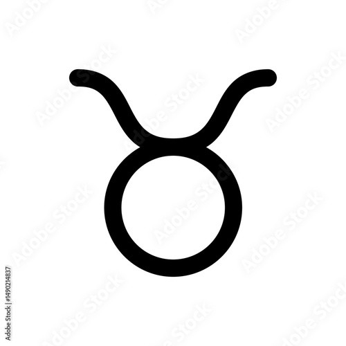 A simple black and white drawing of the taurus zodiac sign, featuring a circle and curved horns symbol, art, line