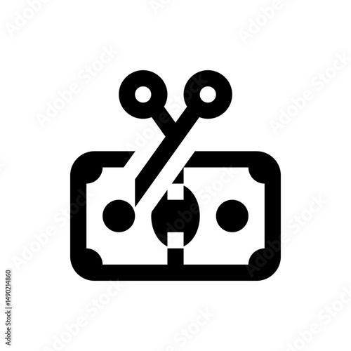 Illustration of scissors cutting a currency bill in half representing cost reduction or financial loss