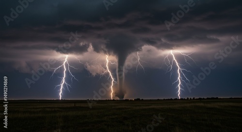 Epic Storm Tornado and Lightning Strike at Night