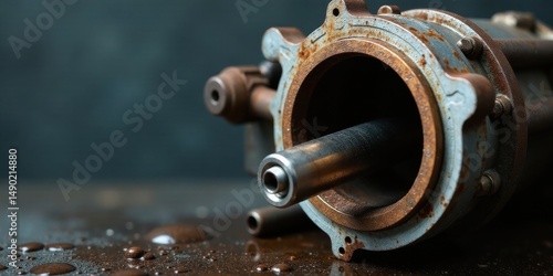 Close-up of a rusty metallic industrial component with a cylindrical shaft, exhibiting signs of wear and tear, resting on a dark, wet surface.