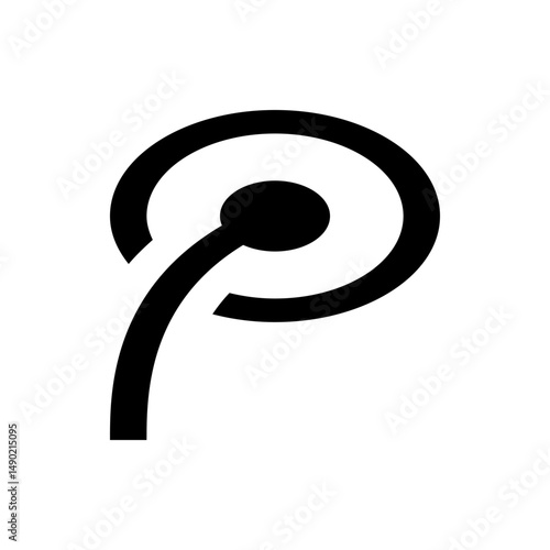 Abstract representation of a flower with a circular bloom and curved stem in black and white minimalist style