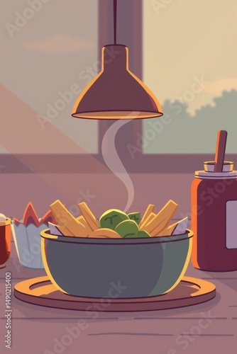 Steaming Food Fries and Veggies Bowl