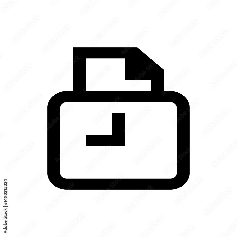 Black and white graphic showing a document icon with a folded corner and a clock symbol inside it Black and white graphic showing a document icon with a folded corner and a clock symbol inside it