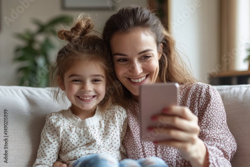 Cheerful mother and little girl taking selfie sitting on couch, family spending time together, happy mom and daughter making video call
