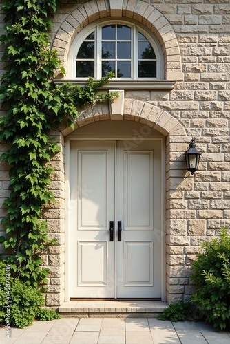 Elegant Cream Double Doors Adorned by Lush Greenery on a Stone Facade