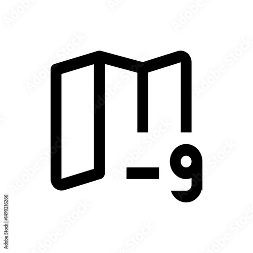 A simple black and white icon depicting a stylized map with a minus sign and the number nine below it