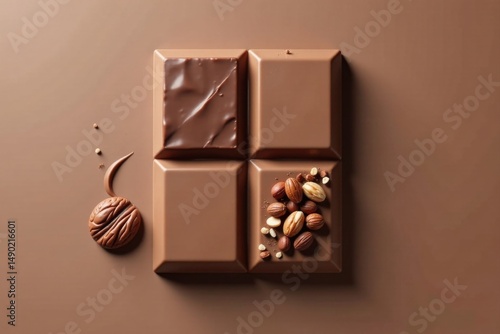 A delectable milk chocolate bar, divided into sections, adorned with roasted hazelnuts and a single whole walnut, rests on a matching brown background.