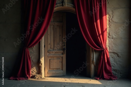 Mysterious Wooden Doorway Draped with Rich Red Curtains Unveiling a Dark Interior