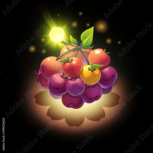 Glowing Cartoon Grape Fruit Cluster With Leaves And Light