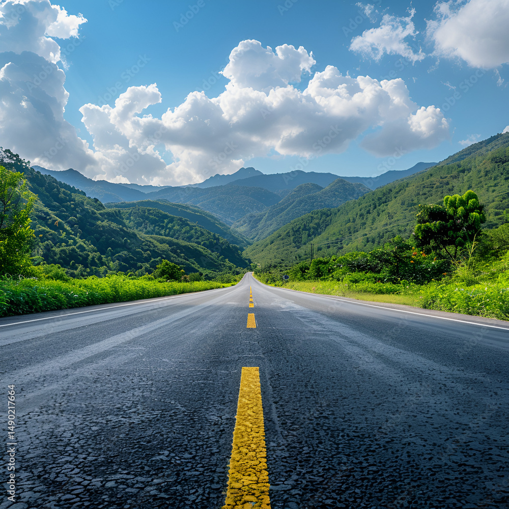 Naklejka premium Asphalt road leading to green mountains under a blue sky