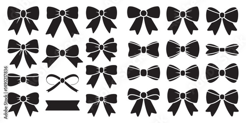  Collection of black bowtie illustrations in various styles and sizes, perfect for festive occasions, gift wrapping, and decoration themes.