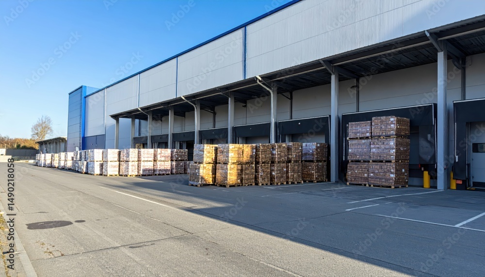Fototapeta premium Stacked Pallets at Distribution Center Under Harsh Midday Sunlight