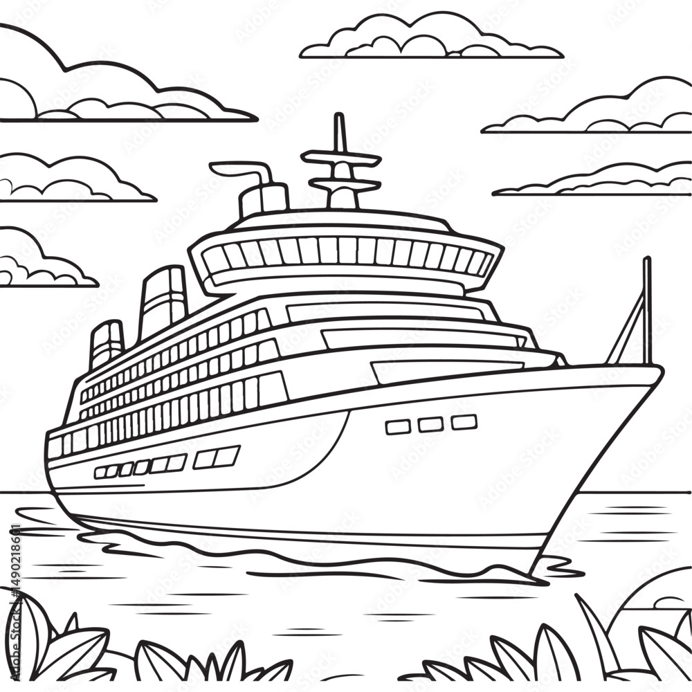 Obraz premium Line art of a luxury cruise ship sailing on the ocean with clouds and the sun in the background, ideal for travel-related projects and coloring books.