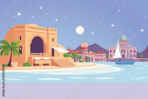 Mediterranean Night Scene Featuring Iconic Architecture and Calm Water