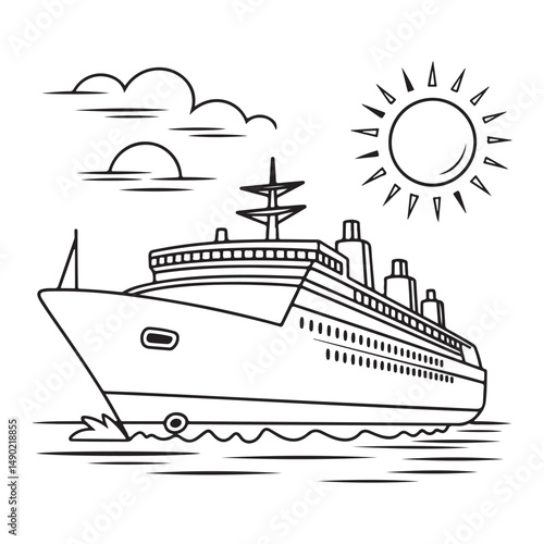 Line art of a luxury cruise ship sailing on the ocean with clouds and the sun in the background, ideal for travel-related projects and coloring books.