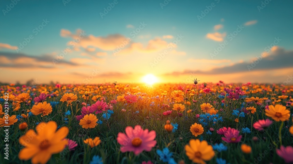 Fototapeta premium Sunset Sereneity: A Vibrant Field of Blossoms