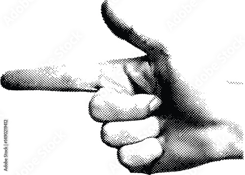 A halftone-style illustration of a human hand pointing to the left. The image is black and white with visible dot shading grunge psychedelic surreal poster or tattoo in 90s aesthetic y2k, collage, des